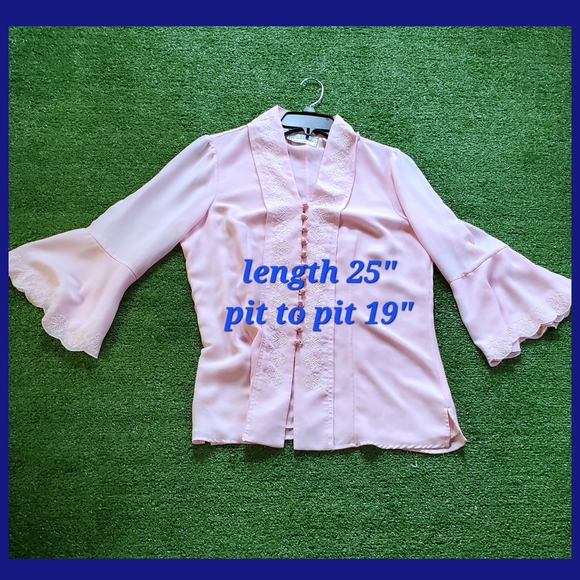 Bubblegum Pink Button Up Blouse with Lettuce Sleeves by Victor Costa - Picture 6 of 6